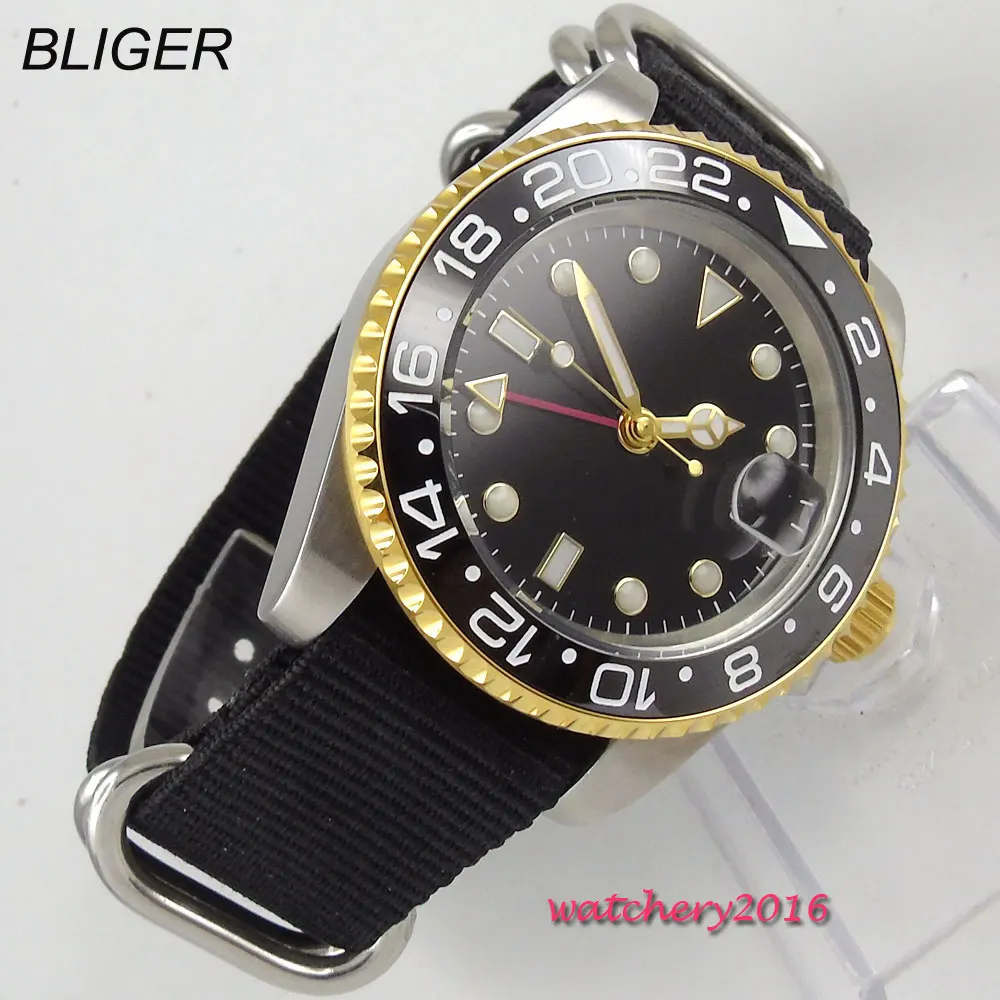 Повседневные 40 мм Bliger стерильный черный циферблат сапфировое стекло GMT Дата