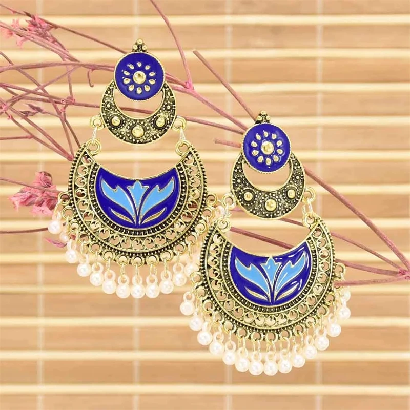

1pair Vintage Ethnic Bridal Pearls Jhumka Indian Style Alloy Drop Earrings For Women Party Gold Statement Earring Jewelry Gifts