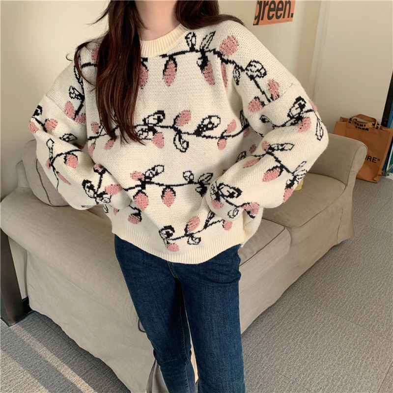 

Fad New Floral Embroidery Women Sweater Winter Vogue Loose Flower Knitwear Chic Pullover O Neck Jumper Elegant Knitted Tops