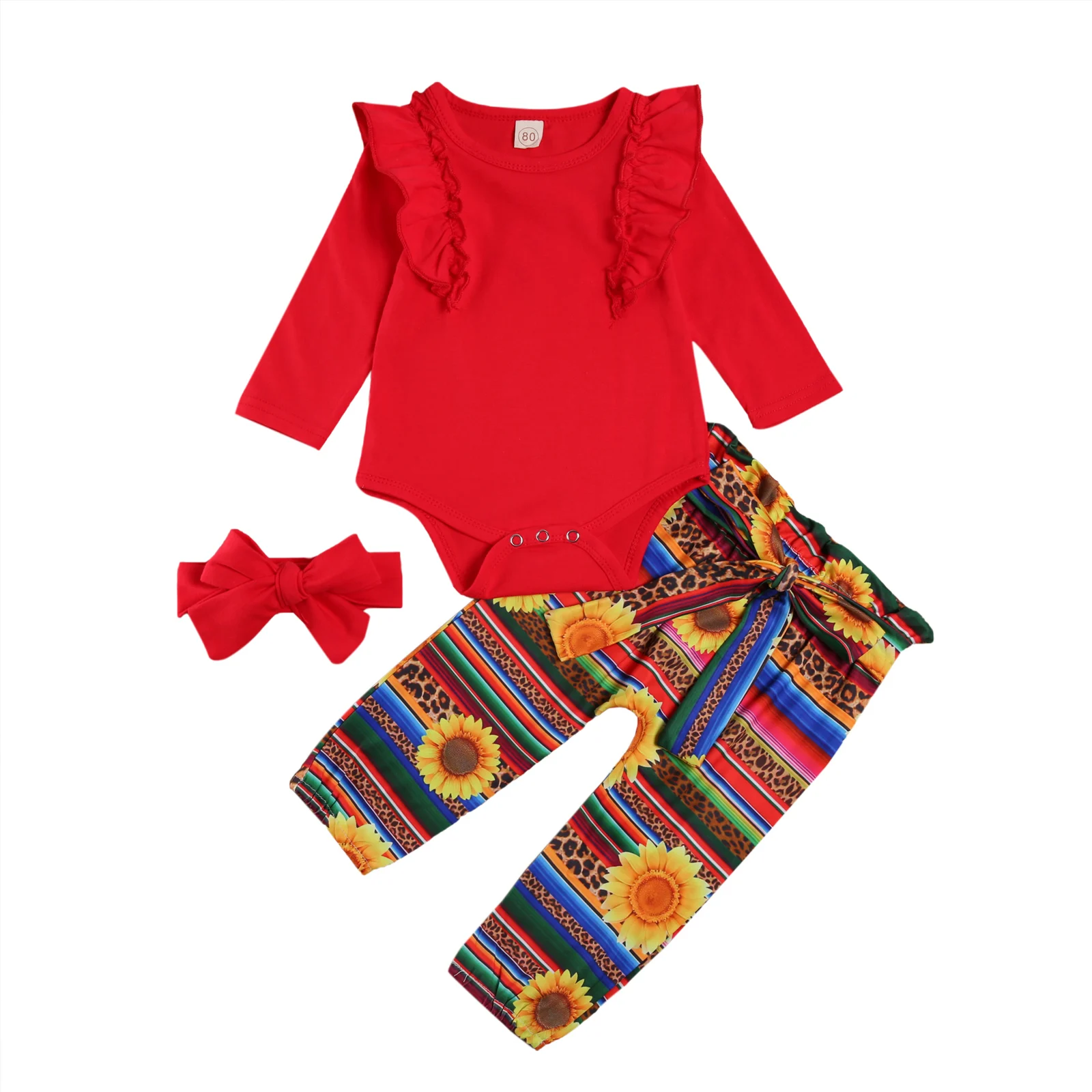 

Комбинезон для девочек 0-24 месяцев, комплект из 3 предметов, с длинным рукавом, круглым вырезом и оборками, штаны с принтом подсолнуха, повязк...