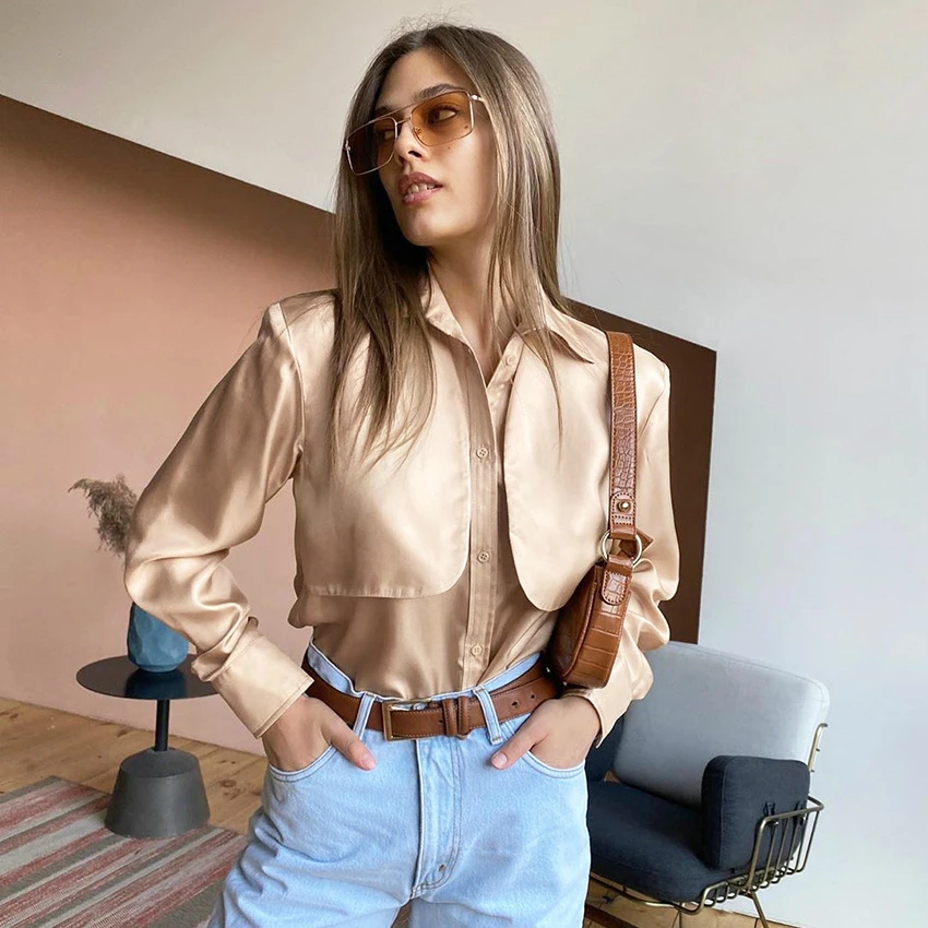 Блузка Женская атласная с отложным воротником модная шикарная рубашка длинным