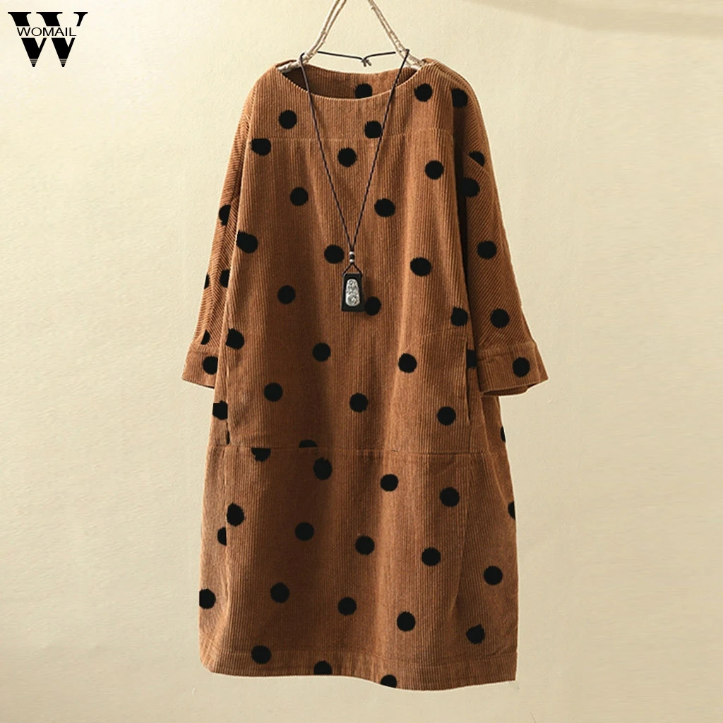 Женское вельветовое платье с длинным рукавом и круглым вырезом|Женские платья| |