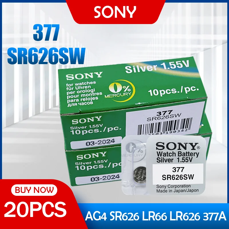 20 шт. 100% оригинальный Sony 377 SR626SW SR626 AG4 LR626 1 55 в Серебряный Аккумулятор для часов