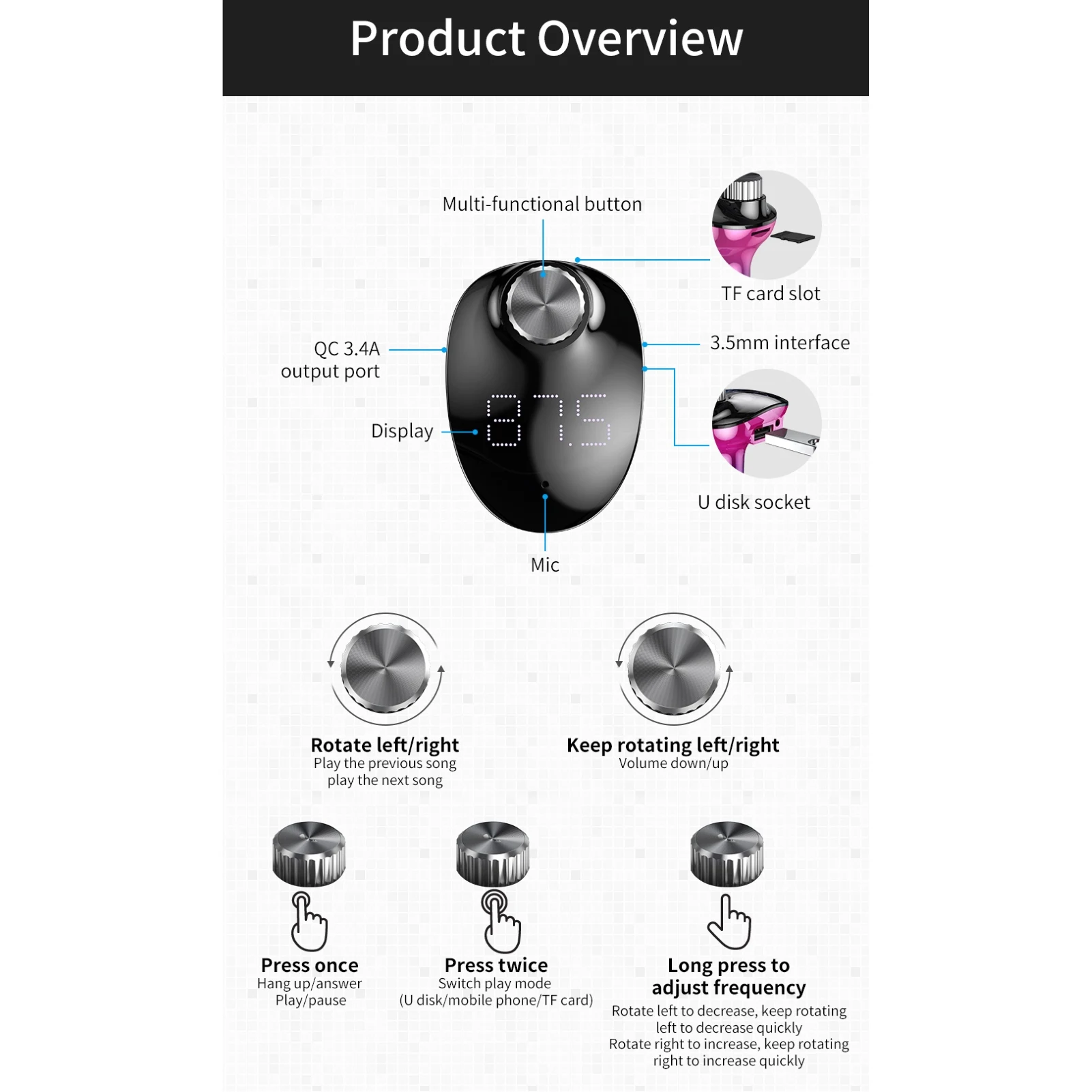 

24V Dual Port QC3.0 Bluetooth FM Auto MP3 Player TF Card hands-free call Car Fast Charger Adapter Universal Car Accessories