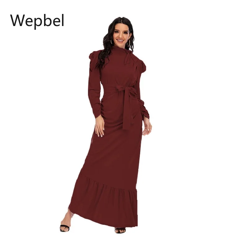 

Платье абайя в арабском стиле Wepbel с длинным рукавом и асимметричным подолом, мусульманское платье, женское однотонное плиссированное плать...