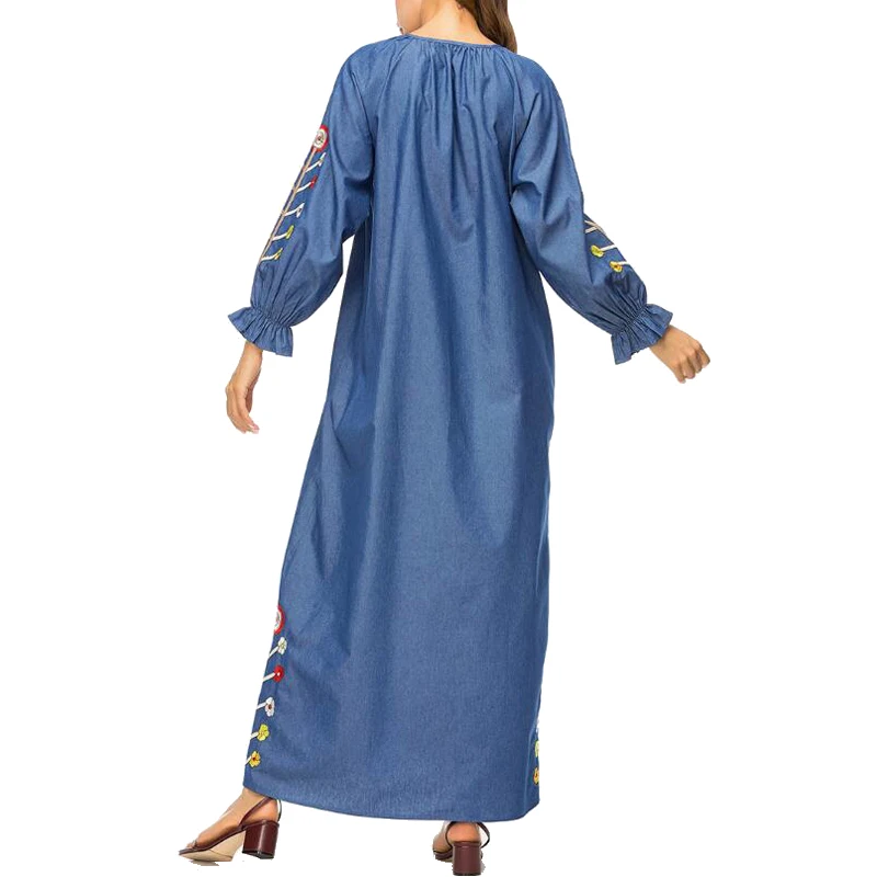MISSJOY New Fashion muslim clothing dubai Women Long Sleeve Denim Abaya Embroidery flower Patchwork turkey islamic Maxi dress