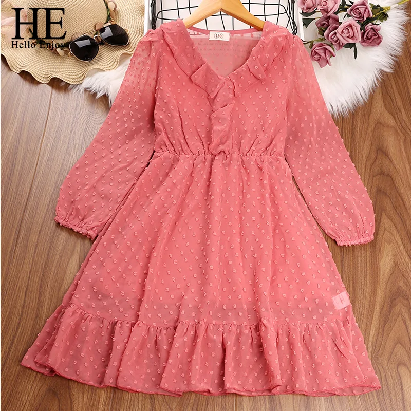 

HE Hello Enjoy Kid Spring Autumn Solid Color Dresses For Girls Long-sleeve Princess Dress Girls Party Big Girl Children Clothing