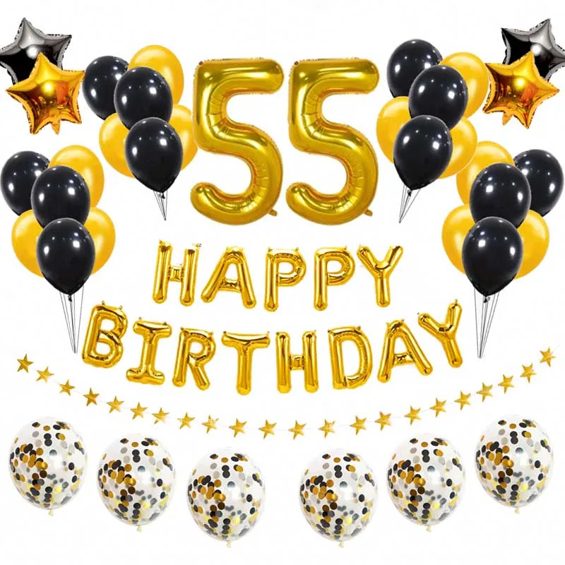 38pcs Gold Black Balloons 55th Happy Birthday Party Decorations 55 Years Old Fifty Five Man Woman Supplies