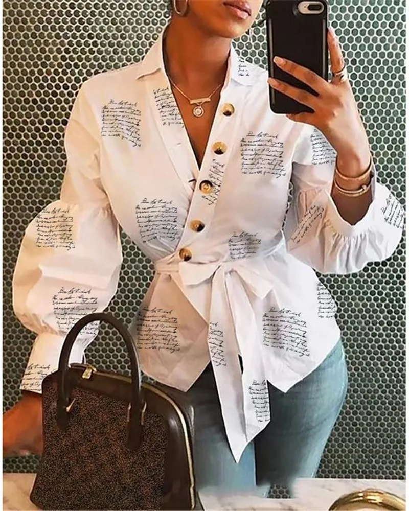 

Women Bandage Shirt top Long Sleeve Stylish Fashion Letters print Shirt Blouse Office Lady Female Clothes Button Tops Streetwear