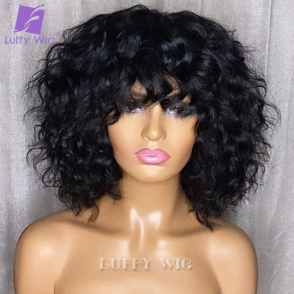 LUFFY Bouncy Curly Human Hair Wig with Bangs Scalp Base Top Full Machine Made Wig with Bangs 180% Brazilian Remy Hair Wigs