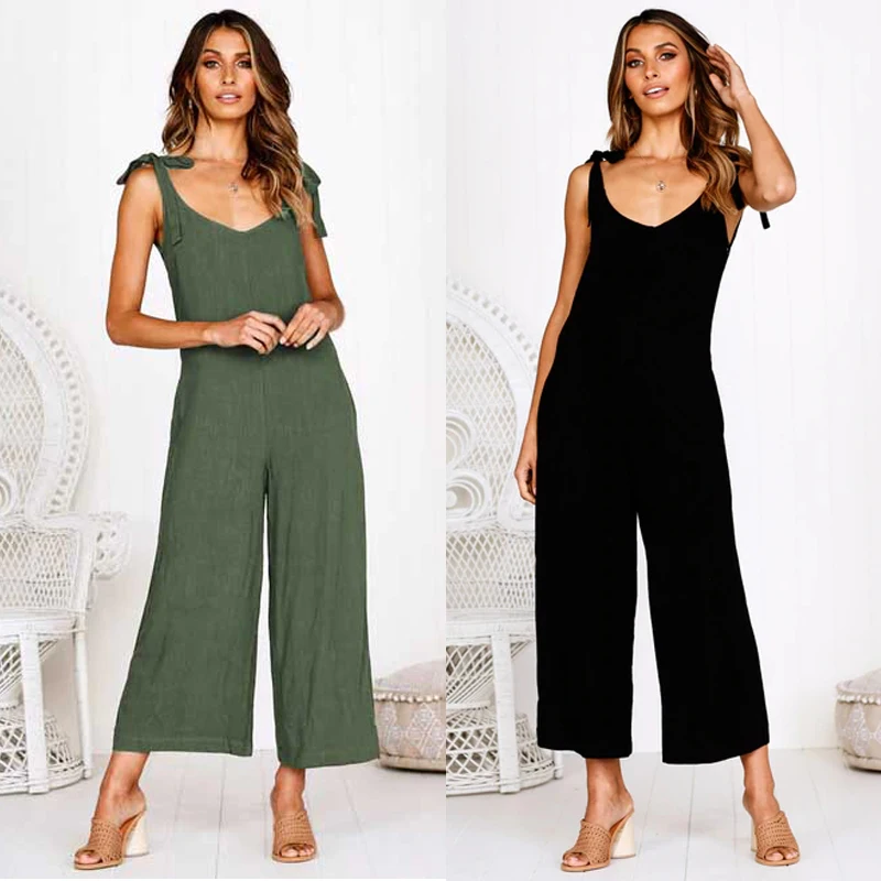 

Rompers 2021 Summer new Women Casual Loose Linen Cotton Jumpsuit Sleeveless Backless Playsuit Trousers Overalls