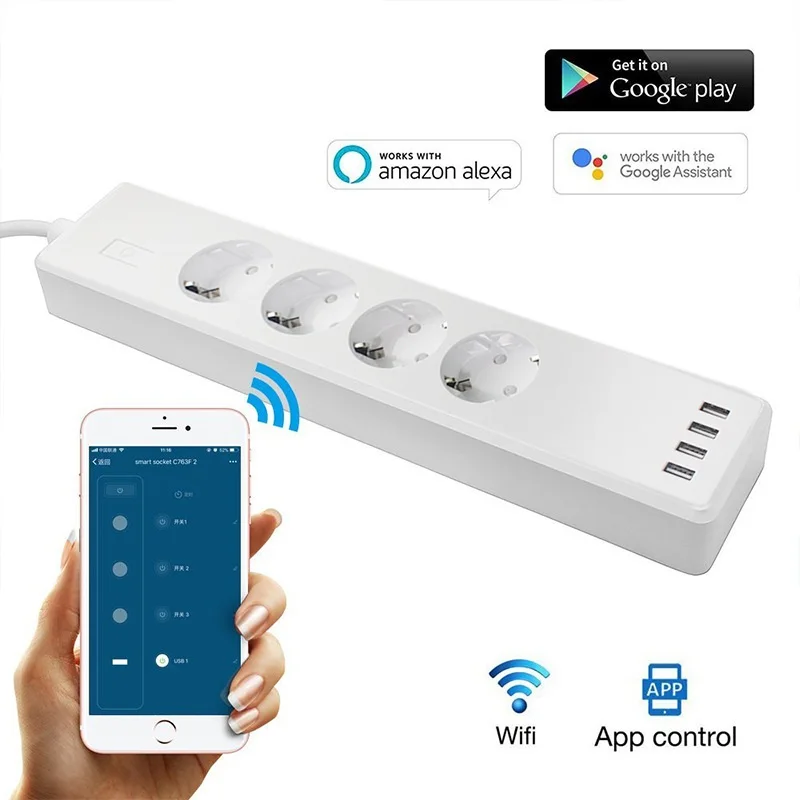 

Wifi Smart Power Strip 4 EU Outlets 16A Plug Socket With USB Charging Port,App Voice Control Work By Alexa Home Assistant