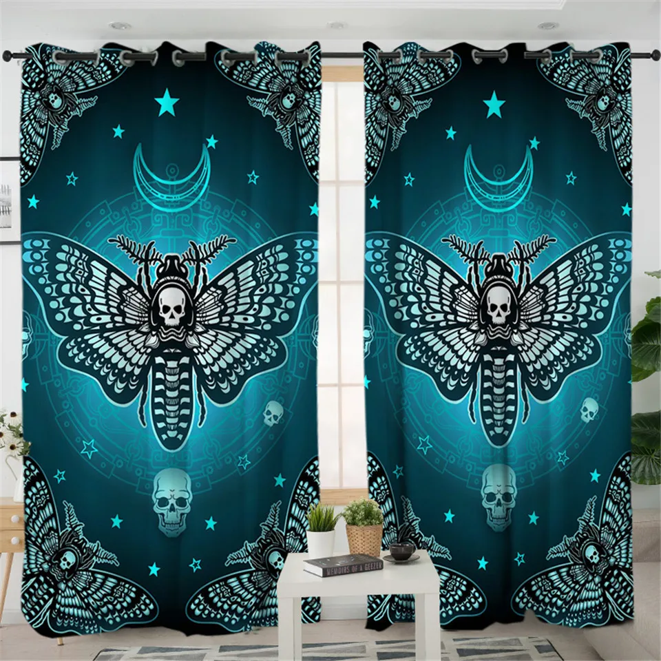Постельные принадлежности Outlet Death Moth, занавеска для гостиной, готический череп, затемненная занавеска для спальни, синяя занавеска на окно с бабочкой, 1 шт., Прямая поставка