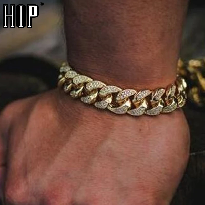 Мужской браслет в стиле хип-хоп Miami Cuban золотистый с инкрустацией стразами AAA