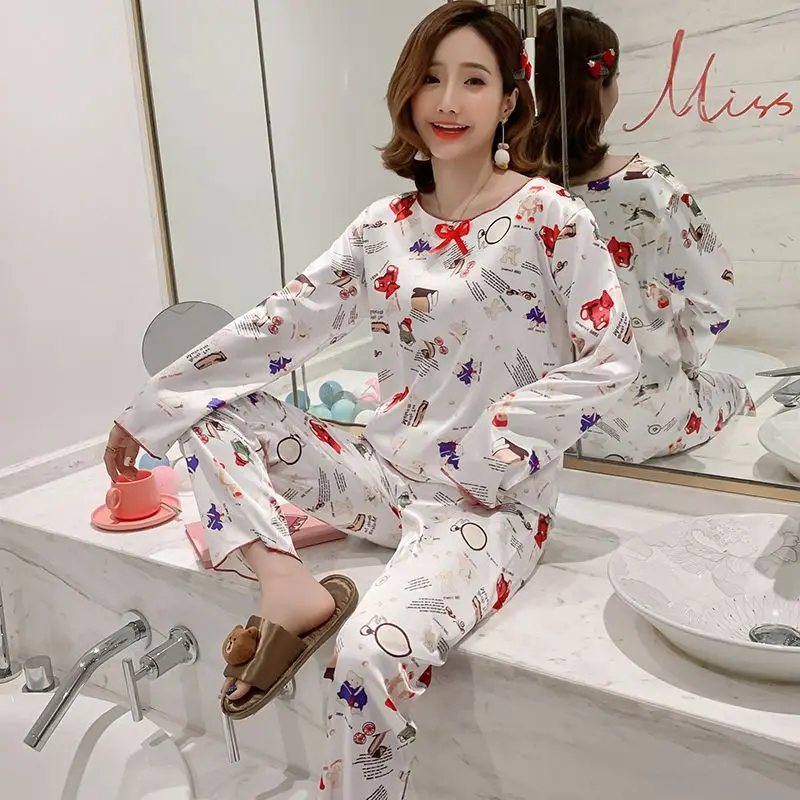 

Wholesale 2 Pcs Female Sleepwear Nightgown Set Pajamas Female Cute Cartoon O Neck Plus Size Autumn Women Sleepwear W2