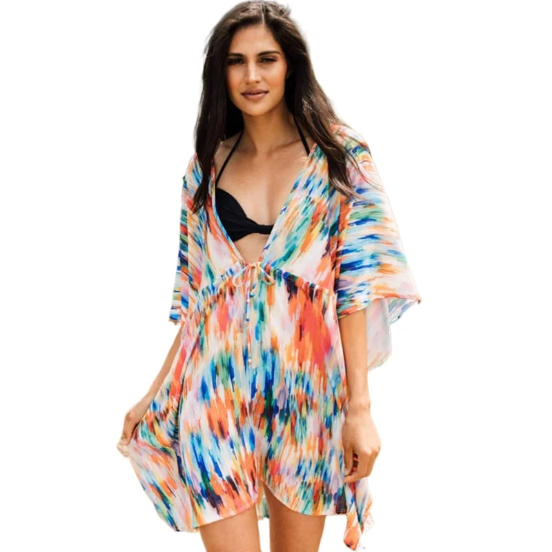 

2021 Summer Chiffon Printing Sexy Deep V-neck Beach Mini Dress Vacation Bikini Swimsuit Cover Up Female Sunscreen Clothing