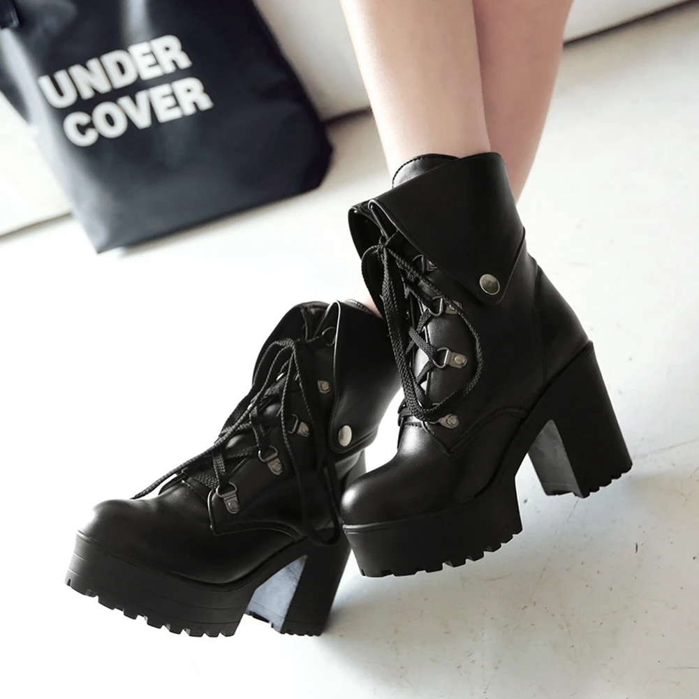 

Doratasia 2020 square high heels platform shoelace on sale big size 43 winter women shoes Ankle boots motorcycles boot