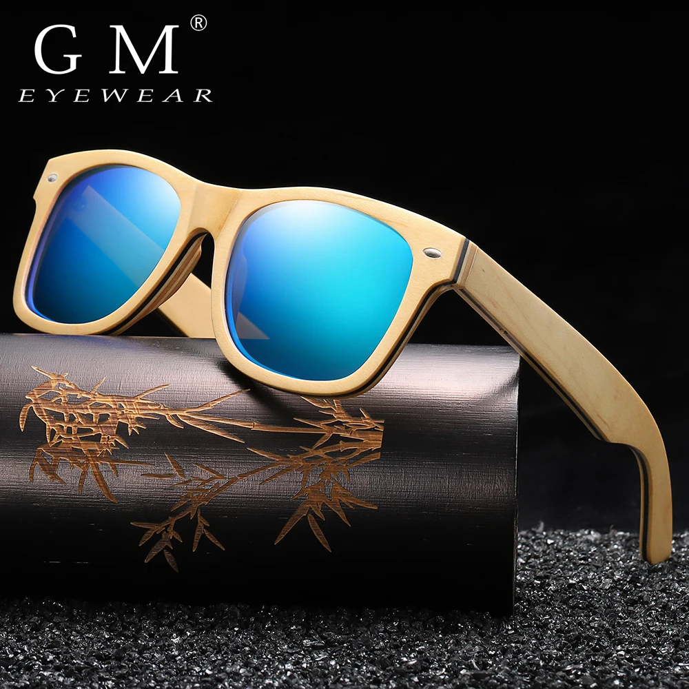 GM Handmade Polarized Sunglasses Women Men Layered Skateboard Wooden Frame Square Style Glasses Ladies Eyewear With Gift Box