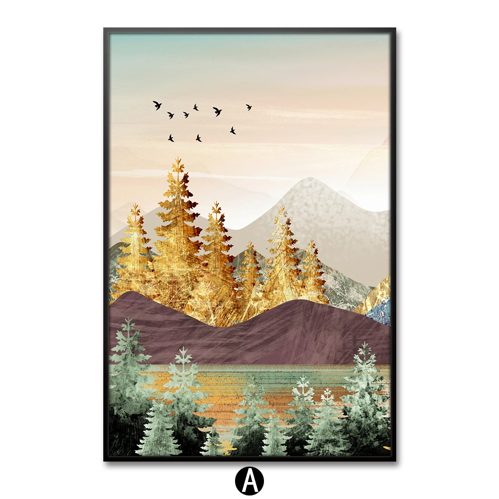 Современные абстрактные золотые горы Дерево красочные олень художественные