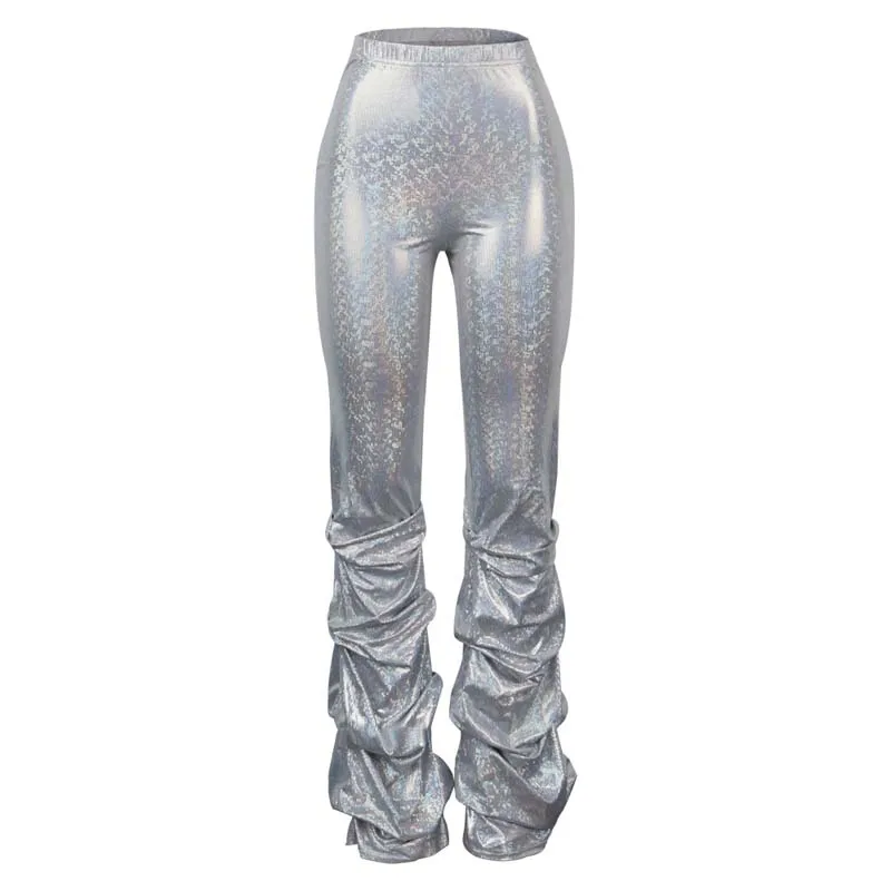 

2020 Sequin Stacked Pants Womens Summer Trousers Stacked Sweatpants for Women Sexy Ruched Pants Tight Shiny