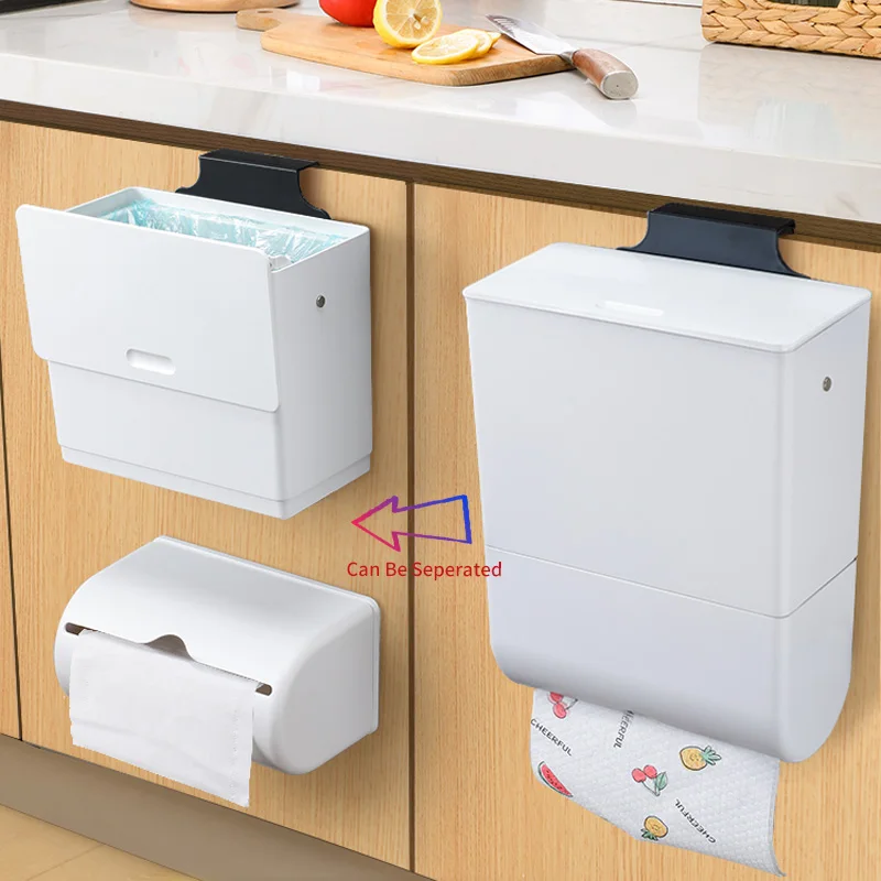 wall mounted trash can with tissue box for kitchen household cabinet door waste bin with lid kitchen convenient garbage bin free global shipping