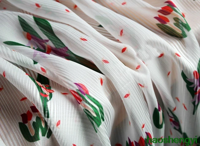 Printed white stripe red green pink flowers and grass chiffon decorative fabric translucent beach wind shirt | Дом и сад