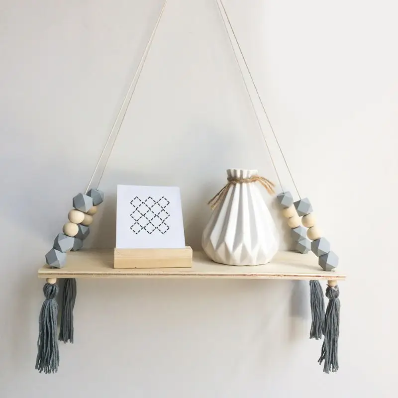 

2021 New Romantic Livingroom Bedroom Storage Rack Wall Rope DIY Wood Beads Storage Shelf Organization Home Decor Wall Decoration