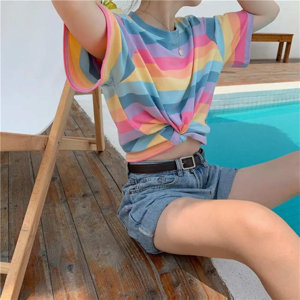 

Woman TShirts Women's round Neck Short-Sleeved T-shirt Summer Short Rainbow Striped Top Crop Top
