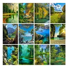 LZAIQIZG камни в форме ромбаНабор для рисования с круглыми камнями и полотном Картина Пейзаж Бриллиантовая вышивка с изображением дерева продажа речной Приморский Стразы украшения дома