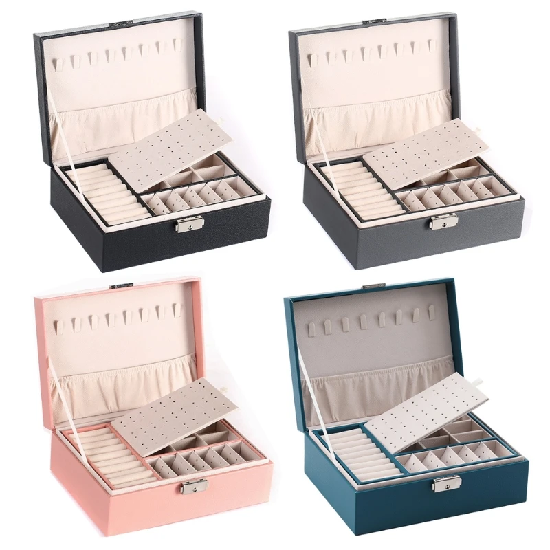 

Protable Travel PU Double Layers Jewelry Box Display Organizer Earrings Rings Necklaces Storage Holder Women Girls Gifts