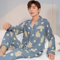 long sleeve pajamas set for men cartoon male sleepwear spring autumn casual home clothes lattice pants summer pyjamas plus size