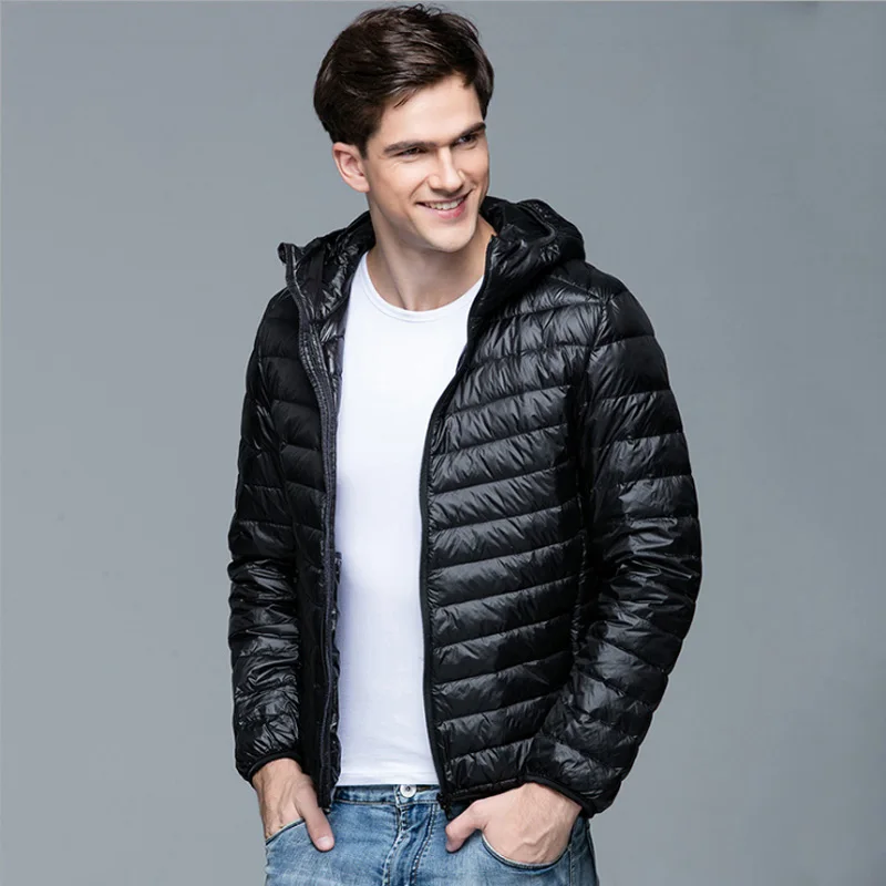 

Men Winter Coat Fashion Hooded 90% White Duck Down Jackets Plus Size Ultralight Down Coat Portable Slim Down Parkas