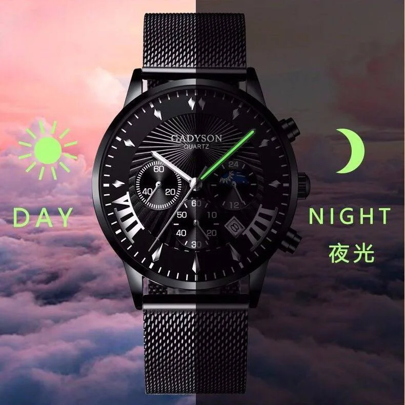 

men's luxury watches, watch with stainless steel mesh calendar, luminous, quartz, male