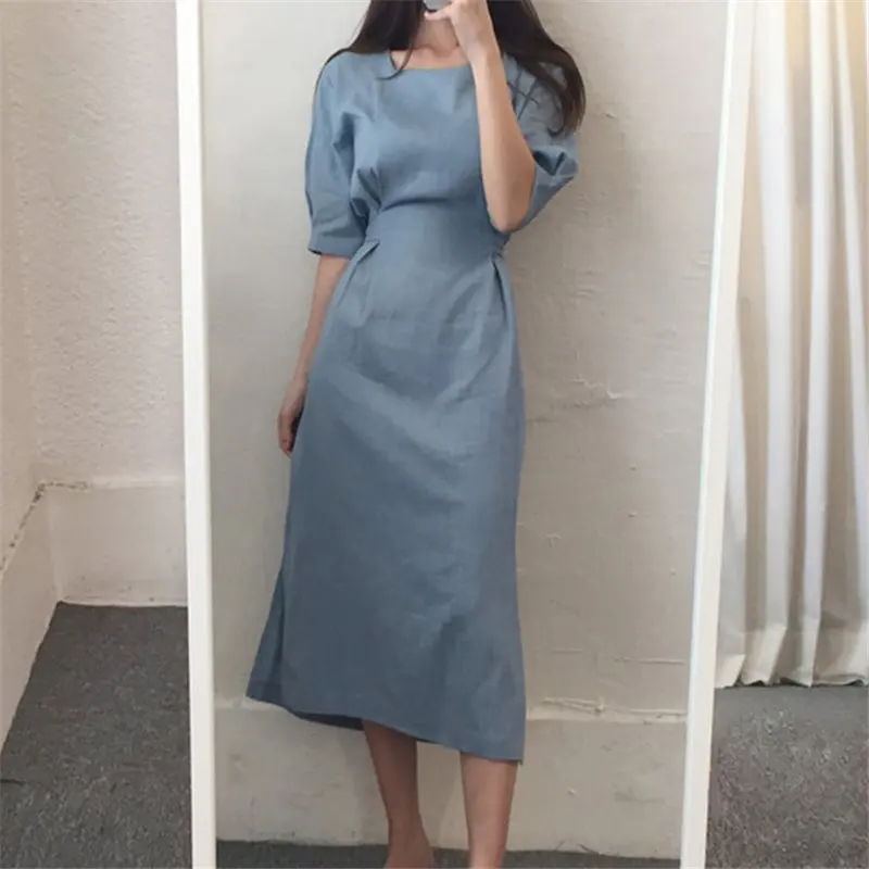 

HziriP Office Lady Cotton Linen Retro 2020 Vintage New Women Elegant Chic Loose All Match Casual Solid Chic Leisure Long Dresses