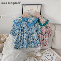 mudkingdom girl floral dress fashion turn down collar long puff sleeve casual princess dresses kids clothes for spring autumn
