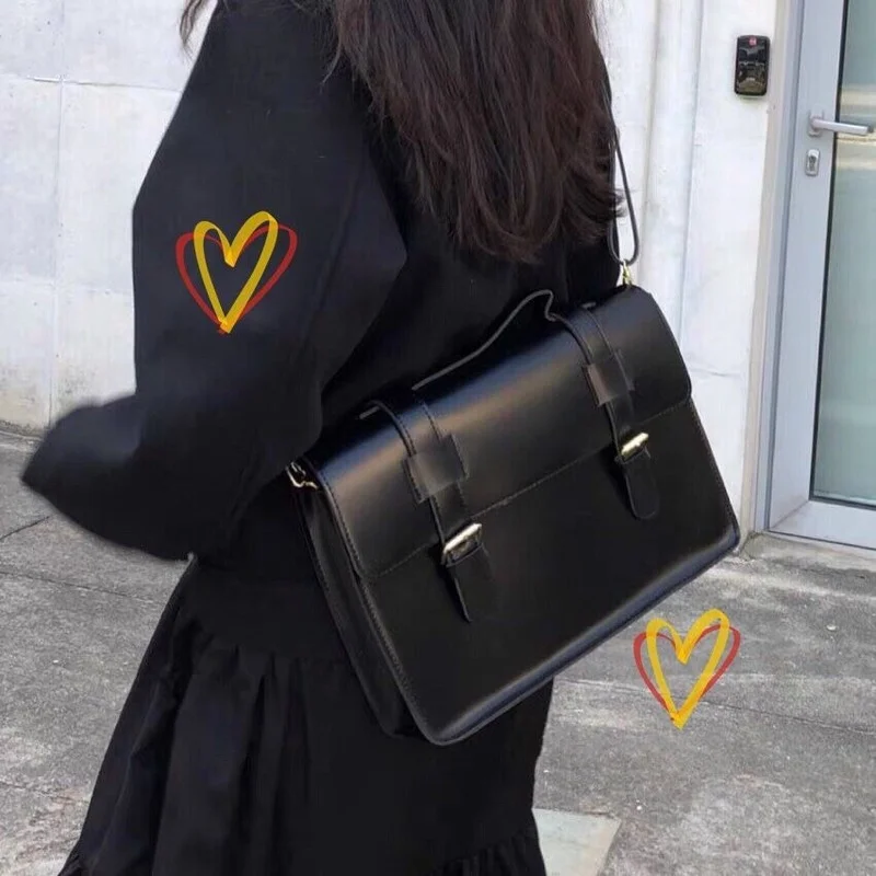 

HOUZHOU Woman Backpack Black Leather Crossbody PU Shoulder School Bag 2021 Autumn Korean Preppy Style Satchel Designer