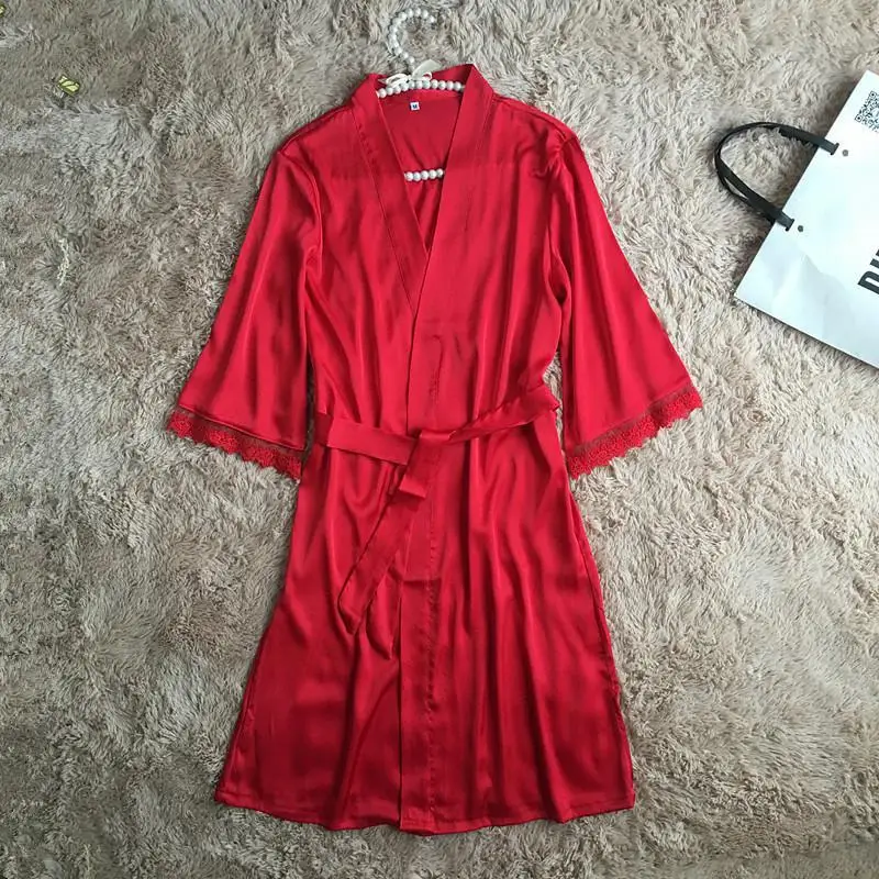 Red Robe Атласный Женский комплект для сна из 4 предметов Пижамный костюм из вискозы Весенняя пижама с длинным рукавом пижамный комплект сексуальный халат банное платье повседневное ночное белье - Цвет: Red Robe