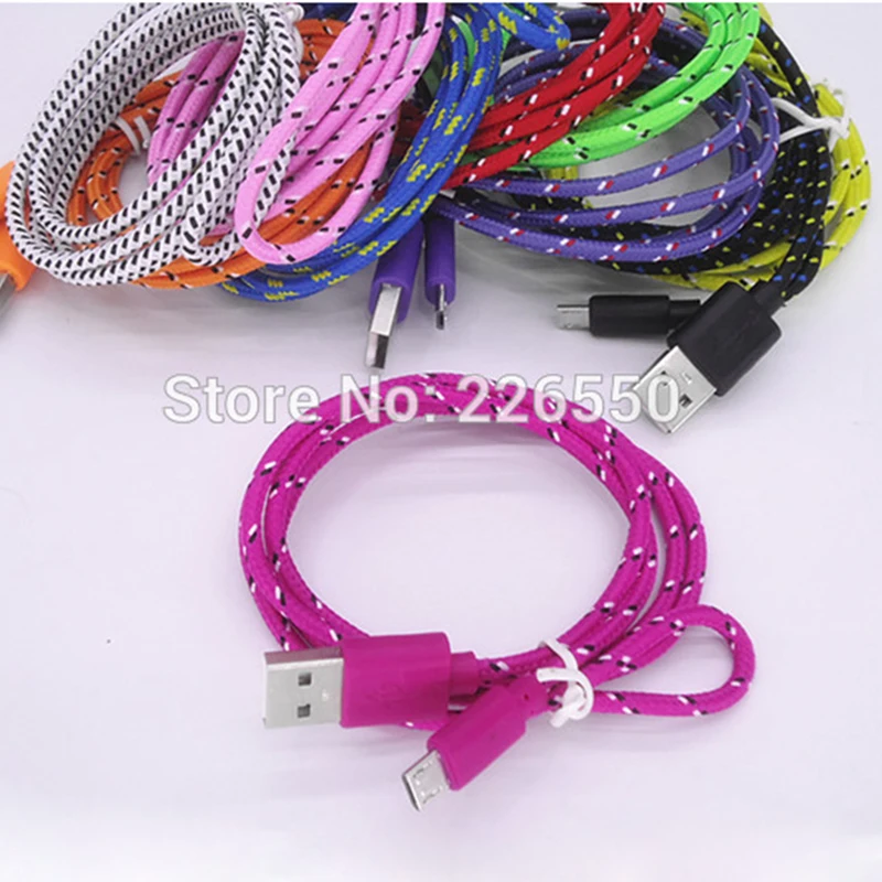 

50pcs/Lot 1m/3ft 2M/6ft 3m/10ft Durable Brand New High Quality Braided Wire Micro V8 Cable USB Data Sync Fabric Woven Charger