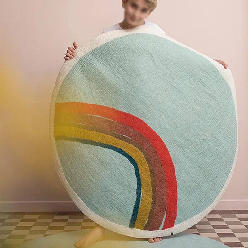Cartoon Round Carpet Floor Mat Bedroom Polyester Animal Rainbow Soft Rug Anti-Slip Baby Play Nordic Kids Room Decoration