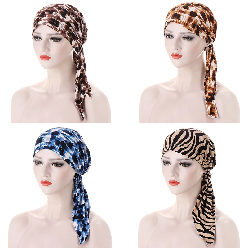 

Muslim Turban Hat Leopard Head Scarf Chemo Cap Two-Tail Turban Hat Curved Floral Zebra Pattern Hijabs Hats Long Tail Bow Bonnet