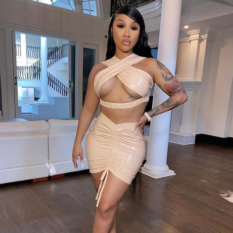 

Сексуальный летний женский короткий топ на бретельках с открытой спиной и юбка с рюшами, сексуальная женская латексная кожаная Клубная ули...