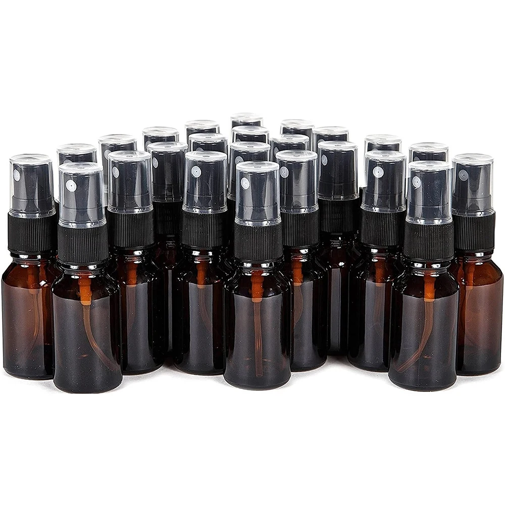 

24Pcs 15ml Travel Size Amber Glass Fine Mist Spray Bottles Cosmetic Containers with Black Sprayers for Essential Oils Cleaning