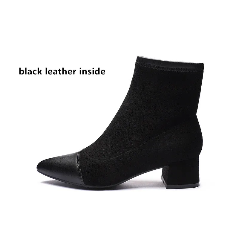 black leather Женские ботинки; полусапожки из флока с острым носком на квадратном каблуке; зимние плюшевые пинетки; коллекция года; женские черно-бежевые Ботинки Martin без шнуровки - Цвет: black leather
