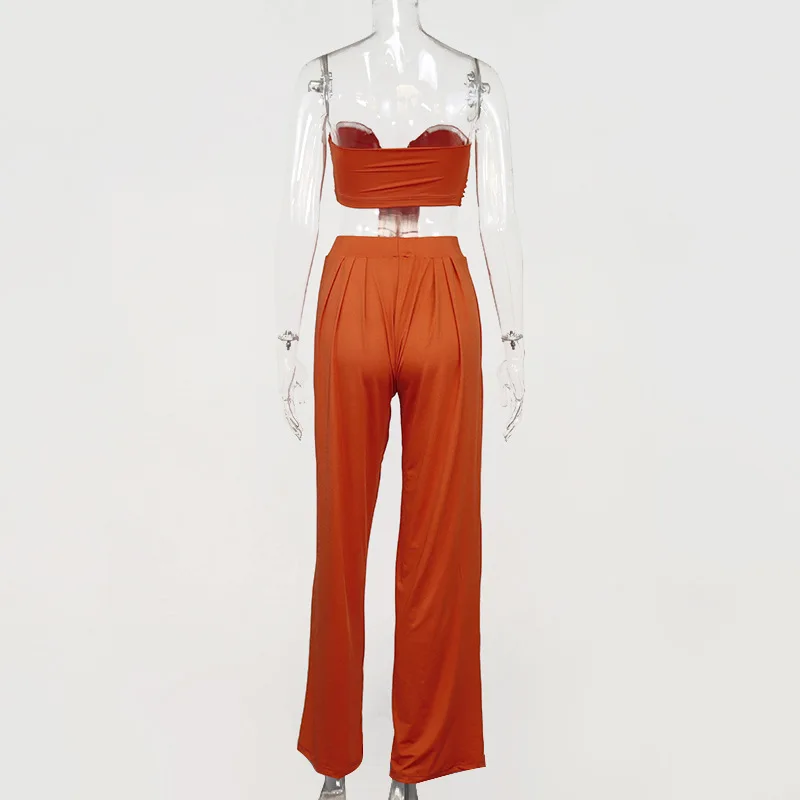 

Fall 2020 New Women Sexy Lace Up Strapless Bralette Crop Top And High Waist Pants Two Piece Suit Fashion Clothing Sets Summer