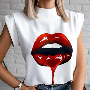 Women Lips Print Blouse T Shirts 2020 Casual Stand Neck Pullovers Tops Ladies Fashion Short Sleeve T Shirt Women Plus Size