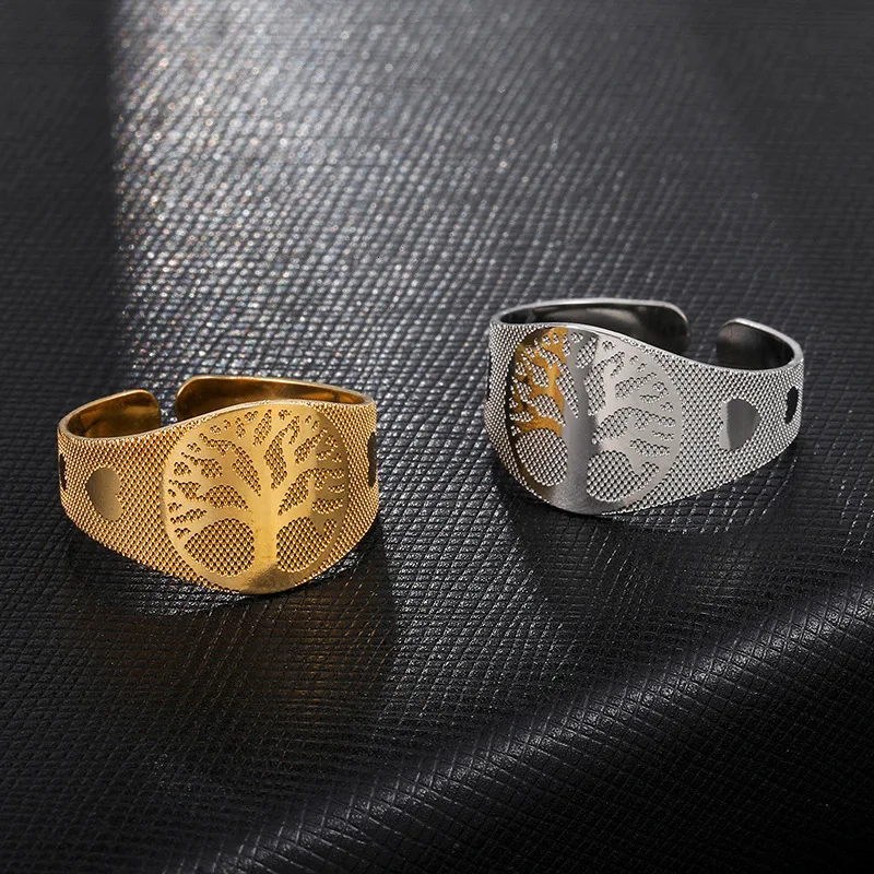 Кольцо женское из нержавеющей стали с деревом жизни регулируемое золотого и