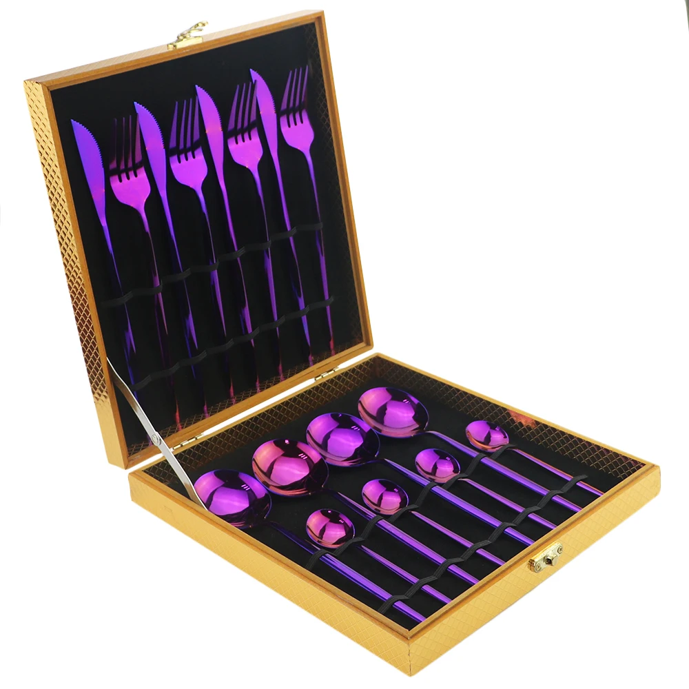 Purple-GoldBox 16pcHigh класса люкс черный набор посуды вилка нож ложка Набор радужных столовых приборов из нержавеющей стали набор столовых приборов с подарочной коробкой для отеля - Цвет: Purple-GoldBox
