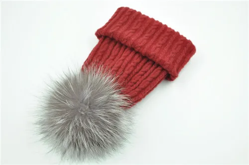 Red silver fox fur Вязаная Шерстяная Шапка из натурального меха енота, шапка с помпоном для женщин и девочек, новинка, осенняя, весенняя, зимняя женская меховая шапка - Цвет: Red silver fox fur