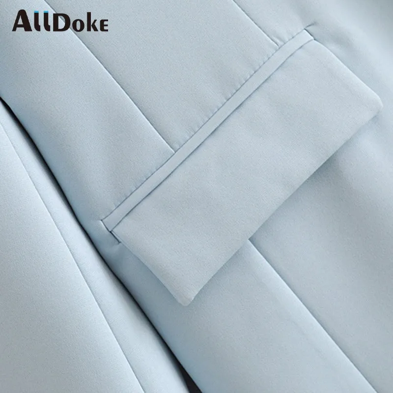 

ALLDOKE blue vintage casual blazers women autumn notched long sleeve coats double pockets office ladies blazers coats mujer