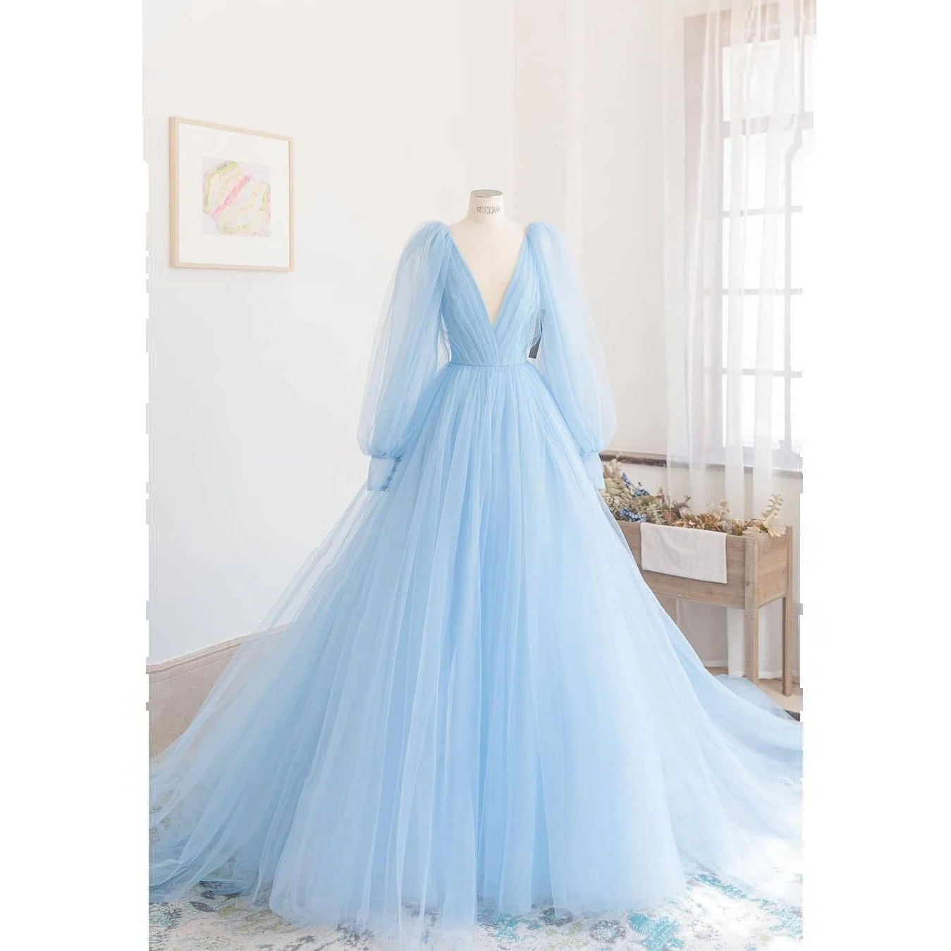 

Pretty Homecoming Dresses Deep V-Neck Puff Long Sleeves Tulle Ball Gown Floor Length Women Prom Formal Evening Elegant Gowns